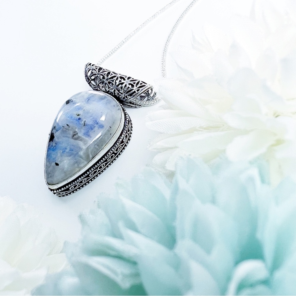 Blue Flash Tourmaline Moonstone Pendant Necklace Sterling Silver 925 Vintage New - Picture 7 of 7